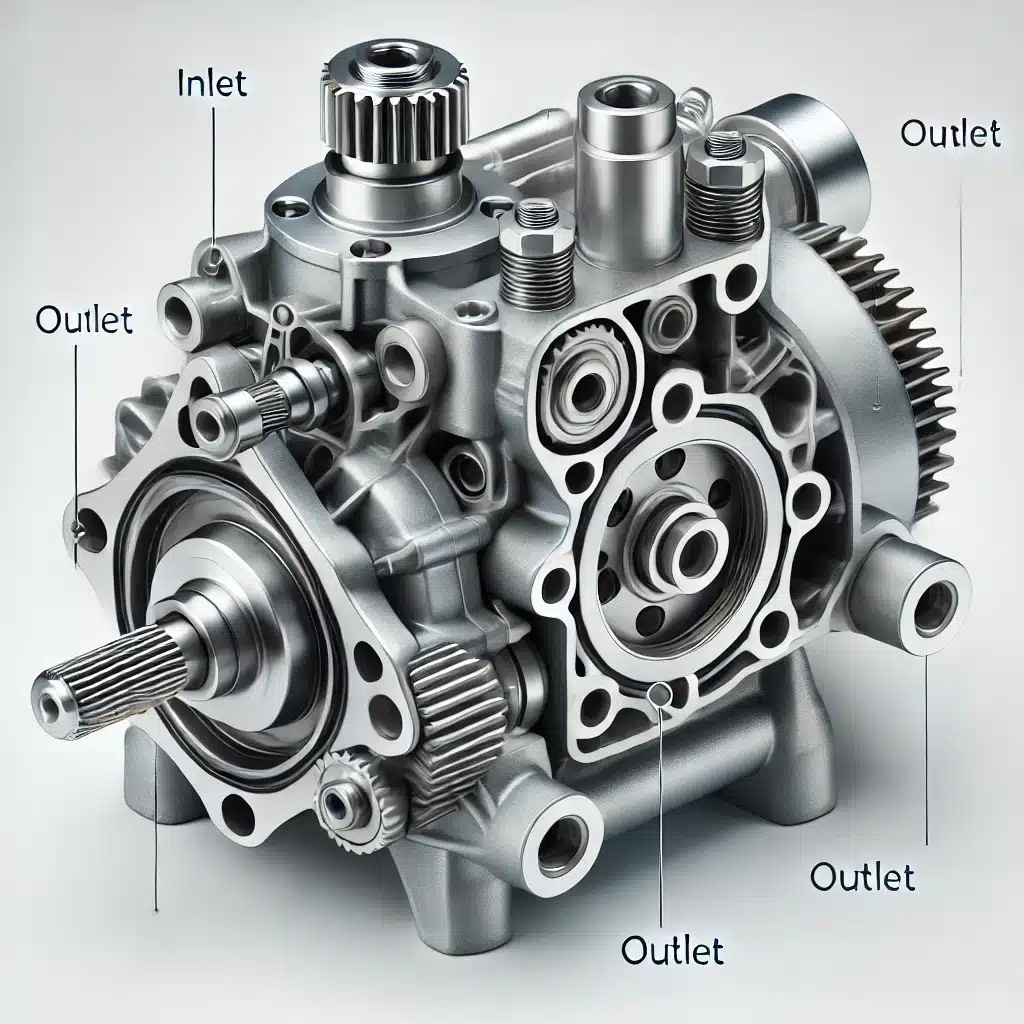 تصویر جزئیات اویل پمپ خودرو شامل اجزای مختلف مانند ورودی، خروجی و مکانیزم دنده